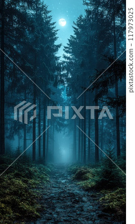 Sunbeams are illuminating a mystic forest with lush green fern undergrowth Sunbeams are illuminating a mystic forest with lush green fern undergrowth 117973025