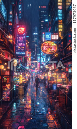 People walking in cyberpunk city street full of neon lights reflecting on wet pavement 117973087