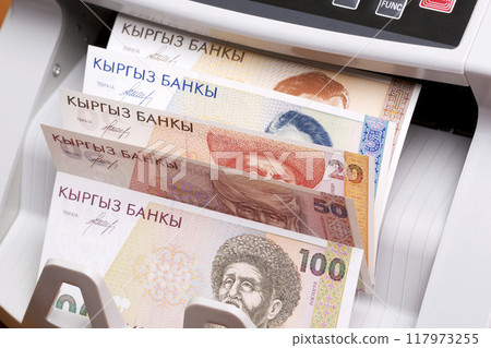 Old Kyrgyz som in the counting machine 117973255