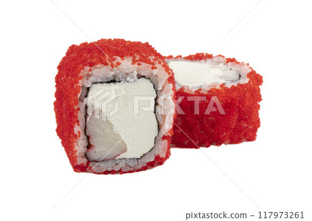 Sushi rolls boned in red artificial caviar on a white background close-up. Sushi rolls boned in red artificial caviar on a white background close-up. 117973261