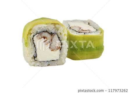 Sushi roll on a white background with Philadelphia cheese, avocado and tuna. 117973262