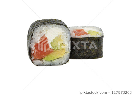 Sushi closeup isolated on white background. Sushi with seaweed nori, salmon rice and Philadelphia cheese. 117973263