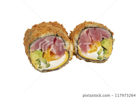 Sushi roll on a white background with Philadelphia cheese and salmon breaded with dried tuna. 117973264