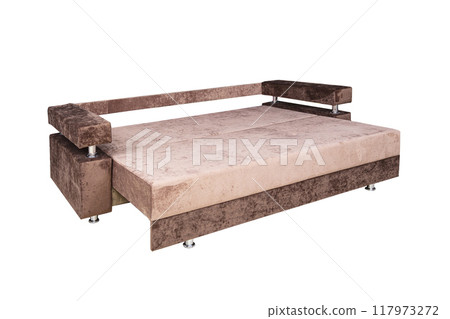 Pink unfolded sofa made of velor fabric isolated on a white background. Cushioned furniture. Pink unfolded sofa made of velor fabric isolated on a white background. Cushioned furniture. 117973272