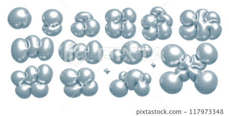 Liquid chrome babble molecule elements set in dotted halftone style. Bubble metal shapes, abstract silver droplets and metallic blobs. Molten titanium reflective surface fluid illustration. Vector. 117973348