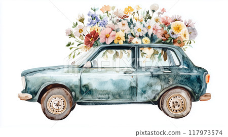 Watercolor illustration of a car loaded with flowers Watercolor illustration of a car loaded with flowers 117973574