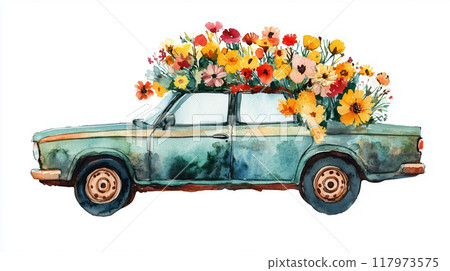 Watercolor illustration of a car loaded with flowers Watercolor illustration of a car loaded with flowers 117973575