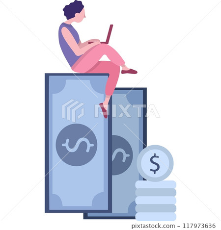 Woman using laptop sitting on money stack icon Woman using laptop sitting on money stack icon 117973636