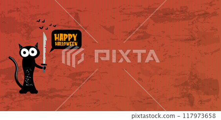 Happy halloween greeting card or banner with Black cat holding bloody knife isolated on orange background. Funny Halloween black cat holding a bloody knife . Halloween vector design template 117973658