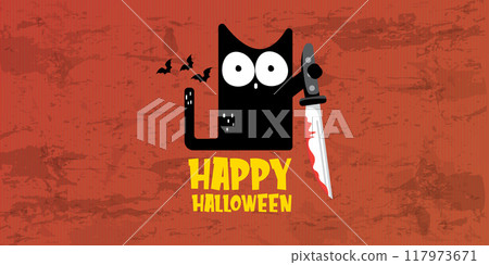 Happy halloween greeting card or banner with Black cat holding bloody knife isolated on orange background. Funny Halloween black cat holding a bloody knife . Halloween vector design template 117973671