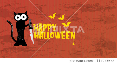 Happy halloween greeting card or banner with Black cat holding bloody knife isolated on orange background. Funny Halloween black cat holding a bloody knife . Halloween vector design template 117973672