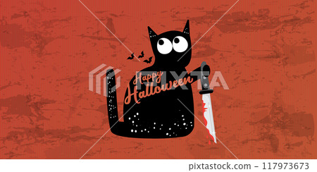 Happy halloween greeting card or banner with Black cat holding bloody knife isolated on orange background. Funny Halloween black cat holding a bloody knife . Halloween vector design template 117973673