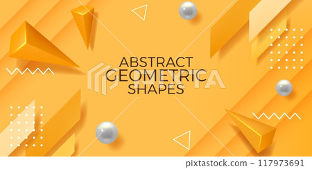 Abstract yellow background. 3D polygon geometric pattern with modern technology shapes. Render pyramids and spheres. Minimal figures. Line zigzag and dots. Vector presentation banner 117973691