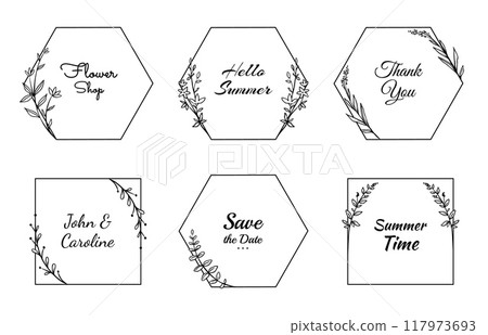 Minimal floral frame. Geometrical line borders with leaves and flowers. Botanical wreath, card, poster and banner decor. Logotype isolated outline element. Vector isolated illustration set 117973693