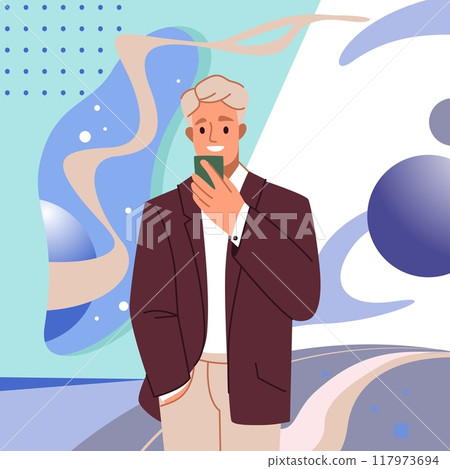 People holding phones. Man using smartphone. Mobile app for chatting and calling. Communication technology. Abstract geometric shapes. Telephone device. Cellphone in hands. Vector concept 117973694