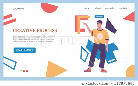 Creative process landing page. Business work brainstorm. Businessman finding innovative idea. Website design template. Man with abstract shapes. Creativity challenge. Vector background 117973695