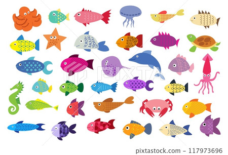 Cute fish set. Colorful different fishes, starfish, funny octopus and squid. underwater tropical characters, childish tropical aquatic creatures. Vector cartoon flat style isolated illustration Cute fish set. Colorful different fishes, starfish, funny octopus and squid. underwater tropical characters, childish tropical aquatic creatures. Vector cartoon flat style isolated illustration 117973696