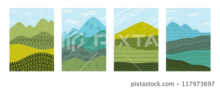 Abstract fields. Rice texture, wheat or corn, farm agriculture. Ecology village landscape, rural grass hill. Summer scene minimal background collection. Countryside vector simple illustration 117973697