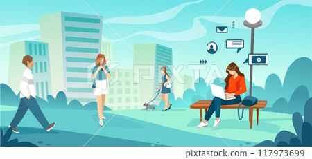 City people. Park landscape. Girl with laptop. Woman social lifestyle. Walking man. Town buildings. Digital communication technology. Person calling smartphone. Vector flat background 117973699