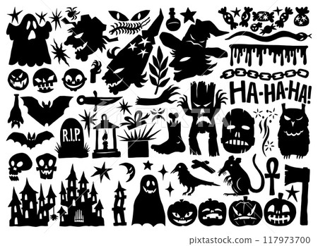 Halloween icons. Black silhouette horror monsters. Spooky bat. Autumn tree. Scary ghost. Pumpkin decoration. RIP grave. Witch face. Ghost and zombie. Trick or treat. Vector symbols set 117973700
