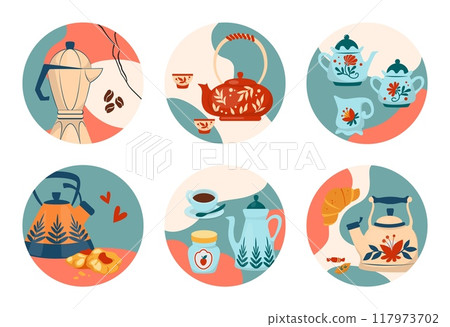 Tea kettles. Ceramic teapot. Drink crockery. Coffee jug. Asian cups. Beverage serving. Jam and pastry. Circle frames. Porcelain mugs. Teatime drinkware. Kitchen utensil icons vector set 117973702