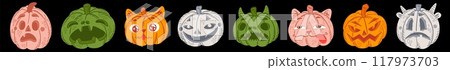 Halloween pumpkin. Smile face. October scary emoji. Happy orange jack character. Vegetable food. Lantern squash emoticon. Sad or grinning expression. Autumn smiley. Vector spooky icons set Halloween pumpkin. Smile face. October scary emoji. Happy orange jack character. Vegetable food. Lantern squash emoticon. Sad or grinning expression. Autumn smiley. Vector spooky icons set 117973703