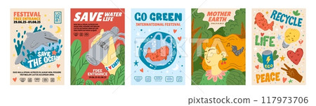 Earth posters. Green eco day. Environmental design icons for cover. Forest protection. Save ocean life. CO2 emission. Plastic pollution. Garbage recycle. Vector ecological banners set 117973706