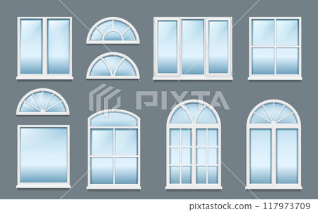 Window frame. Glass house building. Home or office exterior view. Facade construction element types. City apartment. Rectangle and arch plastic shapes. Vector architecture windowsills set Window frame. Glass house building. Home or office exterior view. Facade construction element types. City apartment. Rectangle and arch plastic shapes. Vector architecture windowsills set 117973709