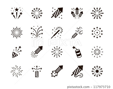 Firework icons. New year line boom. Chinese anniversary or congratulation party. Christmas or birthday flashes. Black silhouette firecrackers. Festive explosions. Vector flat symbols set Firework icons. New year line boom. Chinese anniversary or congratulation party. Christmas or birthday flashes. Black silhouette firecrackers. Festive explosions. Vector flat symbols set 117973710