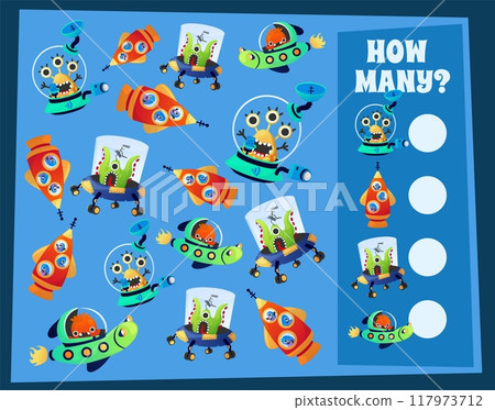 Aliens with spacecraft. How many space rockets. Preschool worksheet. Workbook test. Math counting. Sorting quiz. Children game. Find identical monsters. Vector educational puzzle design 117973712