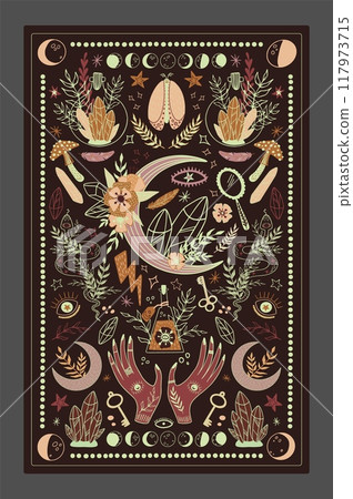 Boho poster. Tarot card. Witch magic. Mystic crescent. Esoteric celestial design. Mushroom potion and crystal gems. Gypsy hands. Spiritual snake. Oracle divination. Vector banner drawing Boho poster. Tarot card. Witch magic. Mystic crescent. Esoteric celestial design. Mushroom potion and crystal gems. Gypsy hands. Spiritual snake. Oracle divination. Vector banner drawing 117973715