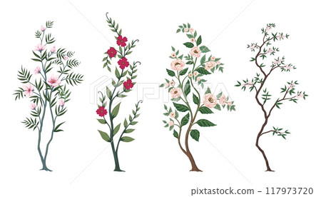 Flower tree branches. Rose peony cherry and sakura. Decorative isolated elements with summer leaves and blossoms. Wedding nature elegant rustic design. Floral poster. Vector illustration set Flower tree branches. Rose peony cherry and sakura. Decorative isolated elements with summer leaves and blossoms. Wedding nature elegant rustic design. Floral poster. Vector illustration set 117973720