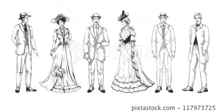 Vintage people. Victorian woman or man. 19th century clothing. Lady dress old sketch drawing. Retro fashion style. 1900 France aristocrats. Dandy tuxedo. Vector nobleman characters set 117973725