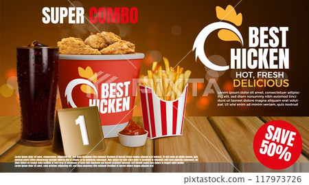 Fried chicken poster. Fast food background, Basket of crispy wings. Nugget products. Sale advertising. 3D delicious meal combo. Fries potato and cola glass. Vector ad banner design template 117973726