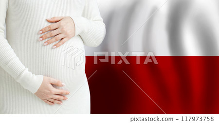 Polish pregnant woman belly against Polish flag background. Demographics and pregnancy Polish pregnant woman belly against Polish flag background. Demographics and pregnancy 117973758