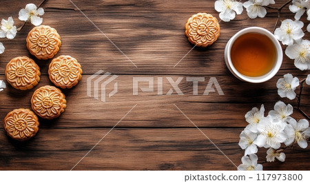 Enjoying tea and traditional pastries on a wooden table adorned with flowers in daylight Enjoying tea and traditional pastries on a wooden table adorned with flowers in daylight 117973800