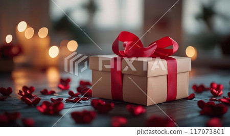 Romantic gift with red hearts and candles creating a warm atmosphere for a special occasion 117973801