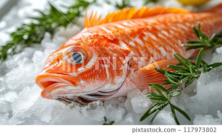 Freshly caught orange fish displayed on ice with herbs in a kitchen setting 117973802