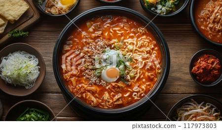 Vibrant Korean ramen and sides served at the table, bursting with flavor and color Vibrant Korean ramen and sides served at the table, bursting with flavor and color 117973803
