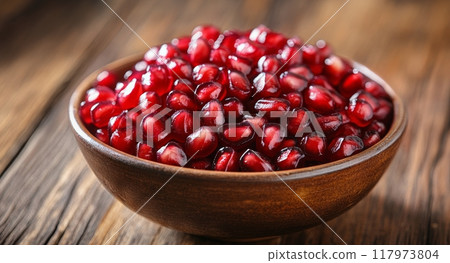 Fresh pomegranate seeds in a wooden bowl on a rustic table setting 117973804