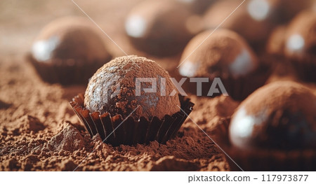 Delicious homemade chocolate truffles dusted with cocoa powder on a rustic wooden table 117973877