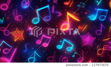 Colorful music notes and stars light up a vibrant backdrop in a festive celebration atmosphere 117973878