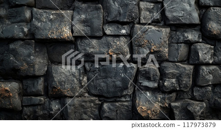 Detailed texture of an ancient stone wall showcasing ruggedness and natural weathering effects 117973879