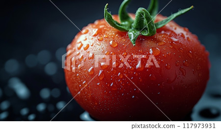 Freshly washed red tomato glistening with droplets on a black surface in soft lighting 117973931