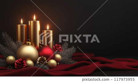 Festive holiday decorations with candles and ornaments on a rich velvet fabric backdrop 117973955