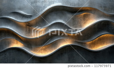 Elegant wall design with wave patterns illuminated in dim lighting for a modern interior 117973971