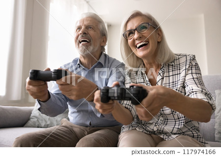 Overjoyed untroubled elderly spouses having fun at home 117974166