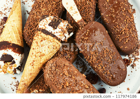 Assorted ice creams on stick. 117974186