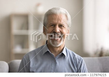 Hoary man with attractive appearance, optimistic mood, posing for camera 117974215