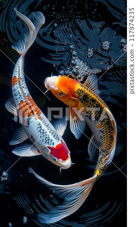 Two koi fish swimming together, their colors shining brightly against the dark blue ripples creating a peaceful atmosphere 117974235